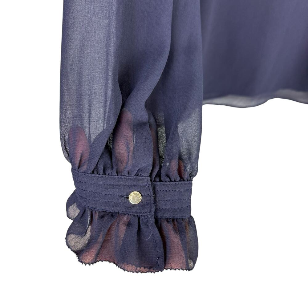 Carmen Marc Valvo Navy Sheer Chiffon Long Sleeve Button Up Business Blouse - Picture 11 of 13